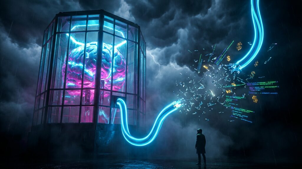 A lone figure watches a severed cable disconnect from a caged glowing brain, scattering digital code and dollar signs.