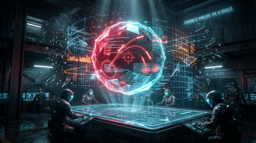 Soldiers view a glowing spherical hologram with missile paths. Text reads: CYBERNETIC WARFARE: THE AI ORACLE.