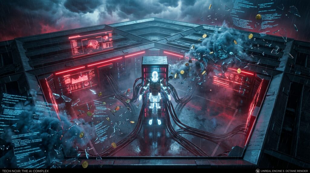 Cyborg suspended in a neon red server room amidst floating gold coins and data. Text reads 'TECH-NOIR: THE AI COMPLEX'.