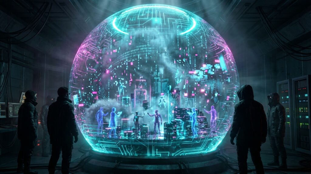 Silhouetted humans observe a glowing spherical hologram containing a neon cyber-city with interacting digital AI avatars.