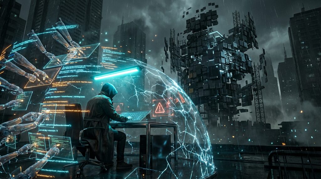 Hooded developer working inside a glowing shield, surrounded by robotic arms and floating code panels in a cyberpunk city.