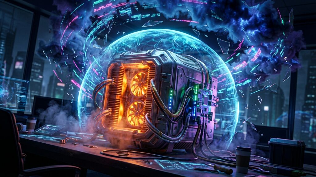 A futuristic PC with glowing orange fans sits inside a blue protective energy shield, deflecting digital debris on a desk.