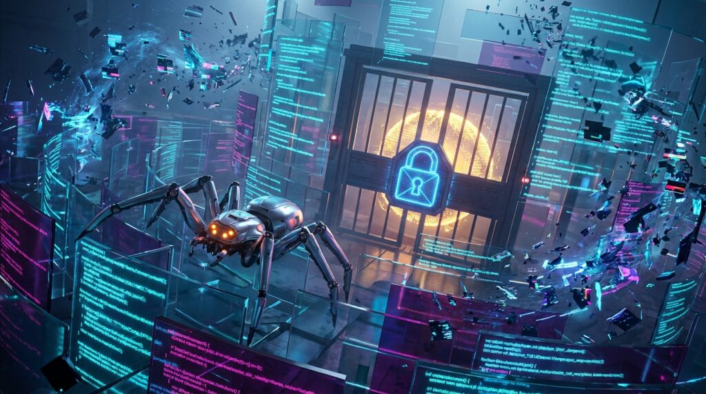 Metallic robotic spider crawler facing a glowing digital barred gate with a padlock icon, amidst floating code panels.