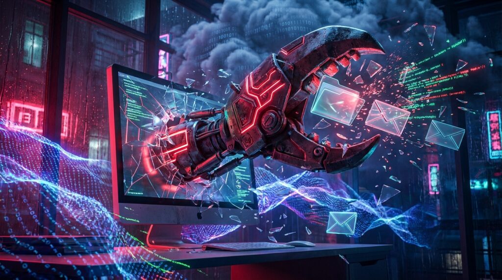 A glowing red mechanical lobster claw bursts through a computer monitor, violently destroying glowing digital email icons.