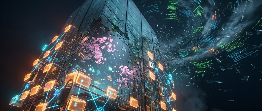 Shattered data server revealing pink cherry blossoms inside, surrounded by glowing floating folders and security padlocks.