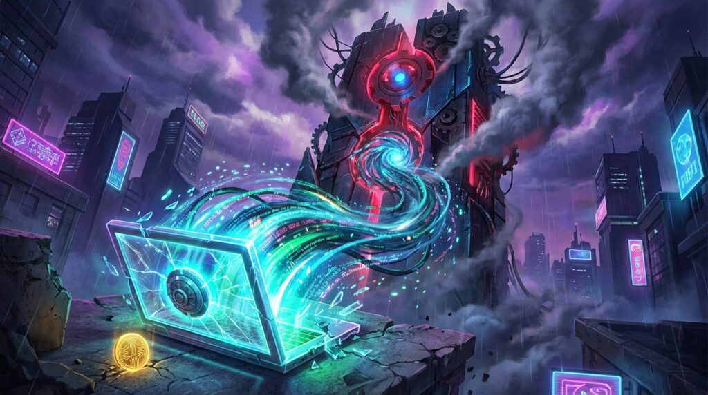Luminous cyan code streams are sucked from a cracked laptop into a giant, ominous mechanical server tower in a dark city.