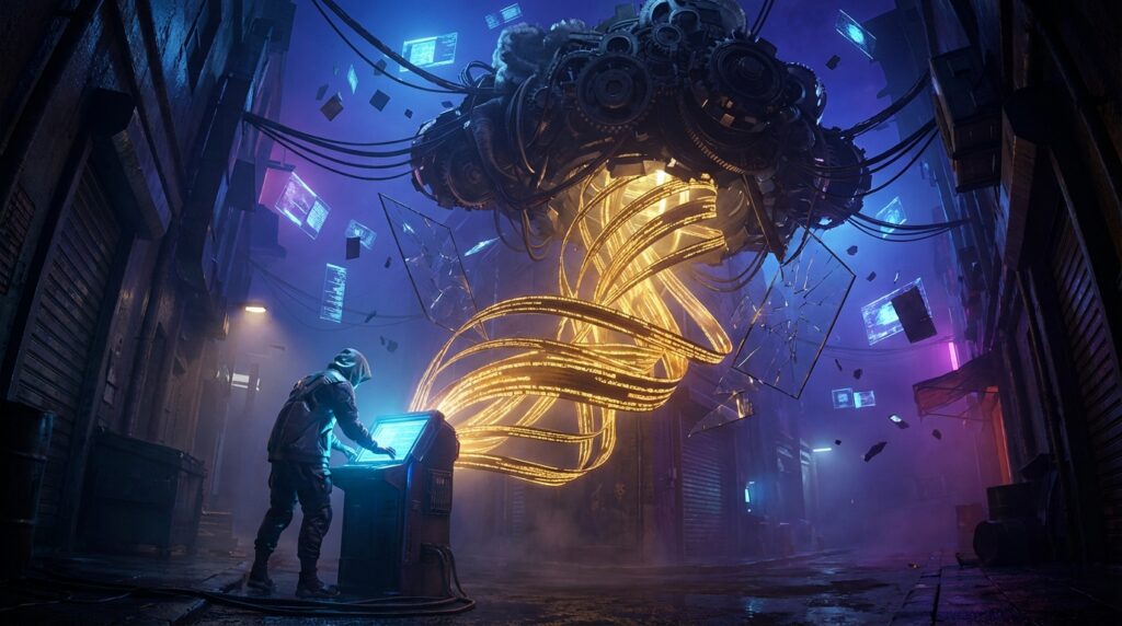 A hooded programmer sends glowing streams of code from a terminal into a giant hovering machine in a dark cyberpunk alley.