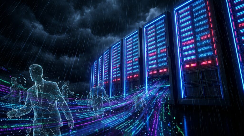 Glowing wireframe figures of workers dissolving into streams of digital data flowing into large server racks in the rain.