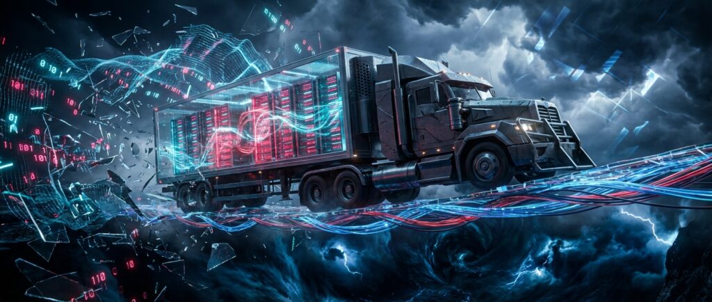 Futuristic truck transporting glowing AI server racks inside a transparent trailer, driving through a storm of digital code.