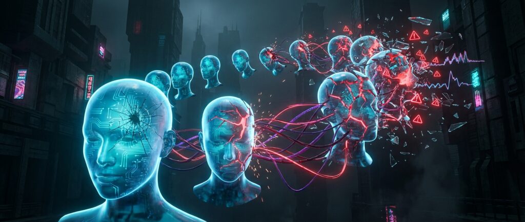 A sequence of holographic AI heads progressively cracking and exploding with red warning signs against a dark city background.