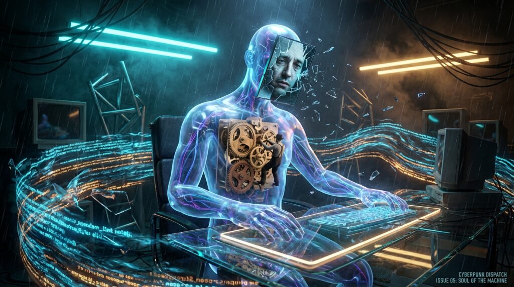 Hologram AI with a man's face on a screen. A tiny worker turns gears inside its chest. Text: SOUL OF THE MACHINE.