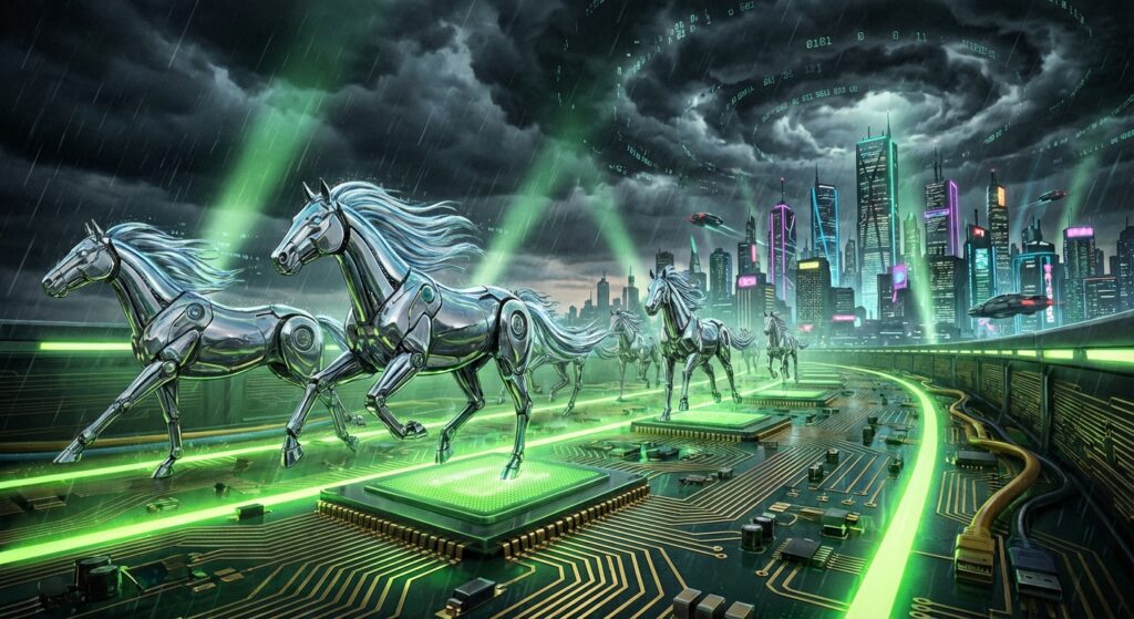 Several metallic robotic horses galloping on a glowing green computer circuit board track towards a futuristic cityscape.