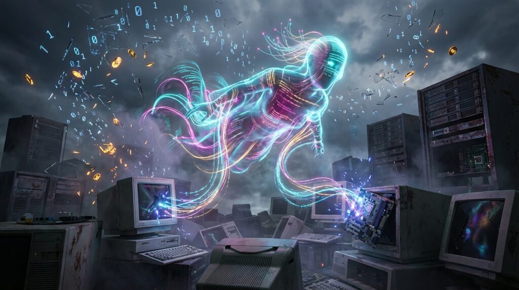 A glowing holographic human figure made of digital code floats above shattered, obsolete computer monitors in a dark room.