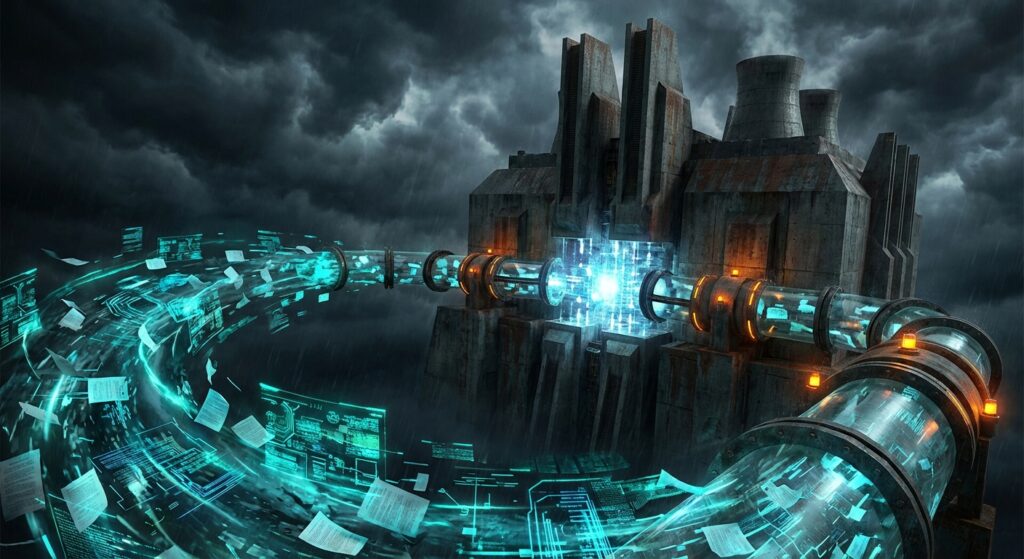 Glowing blue code snippets and documents flow through transparent pipes into a massive, dark futuristic AI computing facility.