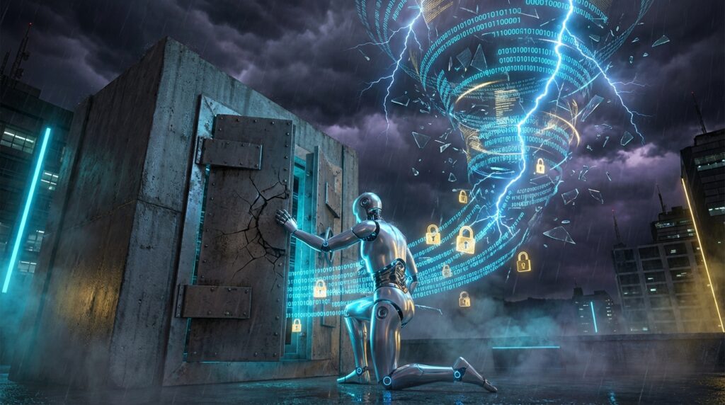 A robot opens a cracked vault door in a rainy city, releasing a glowing data tornado with floating yellow padlocks.