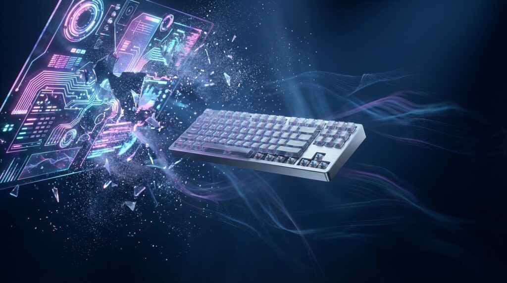 A floating mechanical keyboard breaking away from a shattered, glowing blue and purple holographic data screen.