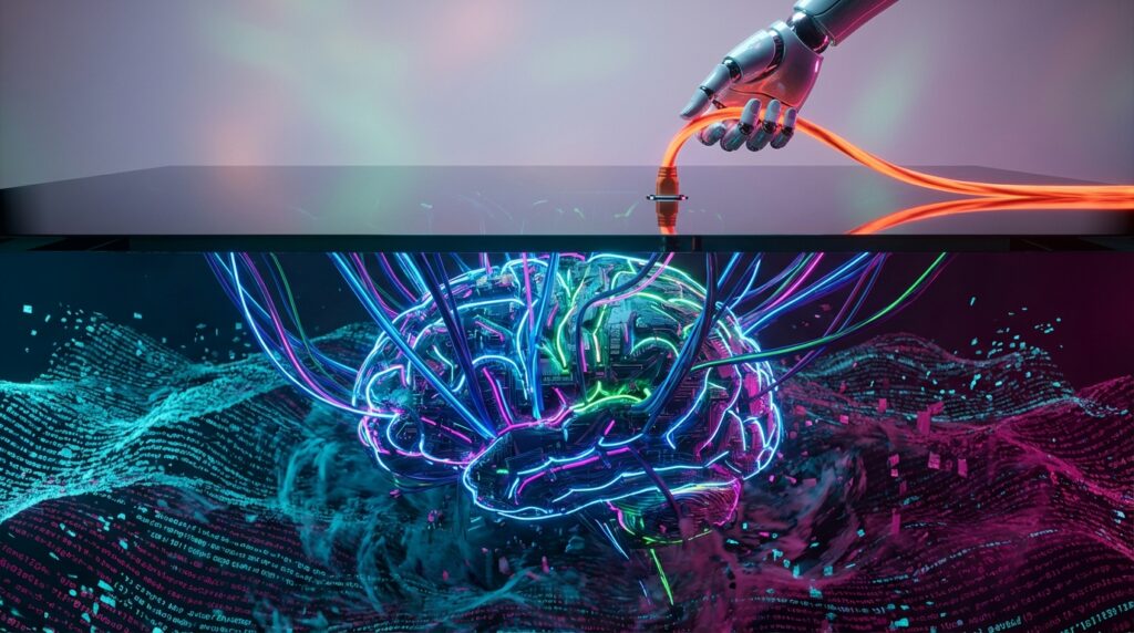 A robotic hand unplugging a glowing orange cable connected to a neon digital brain formed by fiber optics.