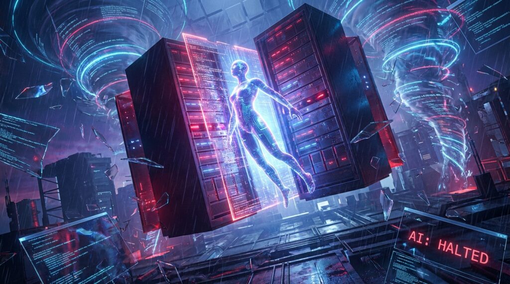 A glowing holographic AI figure floats between floating server racks in a cyberpunk storm, with a screen reading "AI: HALTED".