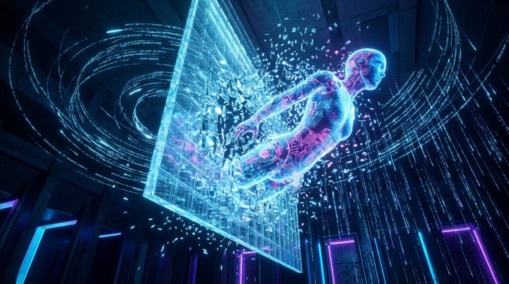 A glowing blue and pink digital human figure breaking out of a holographic data screen amidst flying code fragments.
