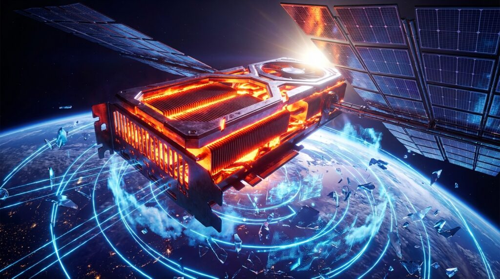 A giant, glowing hot GPU equipped with solar panels orbits Earth in space, connected by blue orbital data streams.
