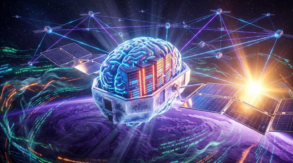 A glowing brain integrated with server racks on a satellite orbiting Earth, surrounded by a laser-connected satellite network.