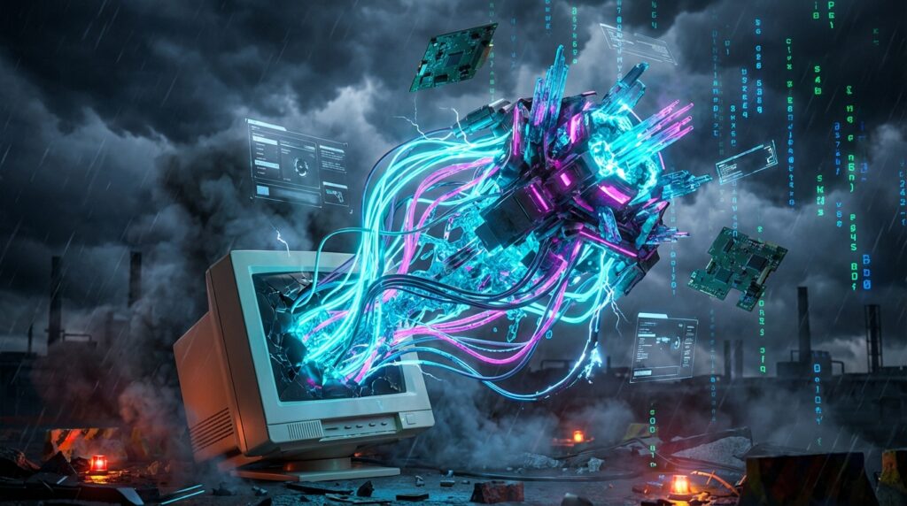 A glowing neon pink and cyan cybernetic core violently bursts out of a shattered old CRT monitor screen in the dark rain.