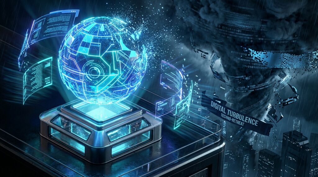 A glowing digital globe faces a dark data tornado. Text reads: DIGITAL TURBULENCE TECHNO-RETREAT.
