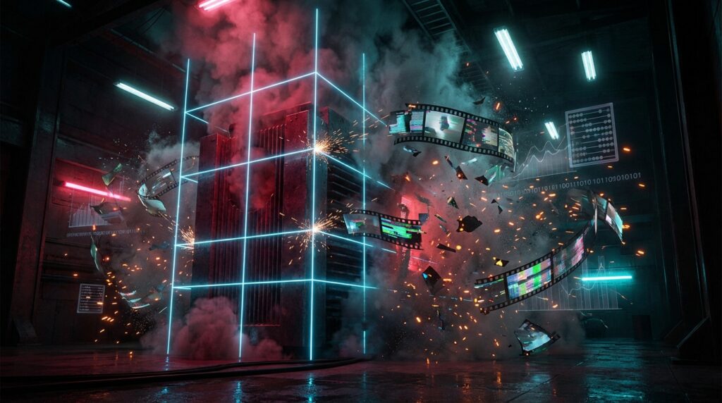 Glowing neon server cube exploding in a dark room, shattering into flying film strips, sparks, and smoke.