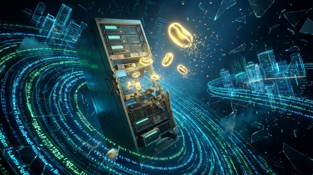 A weathered server rack floats in a digital cyberspace with green code rings, releasing glowing golden bean-like objects.
