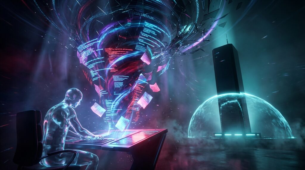 A glowing translucent figure types at a desk while a massive swirling vortex of digital code and files rises above them.