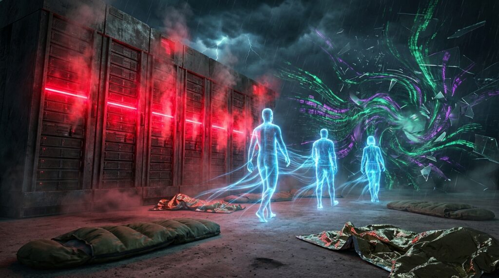 Glowing AI figures walk from red servers and floor sleeping bags towards a shattered green digital portal.