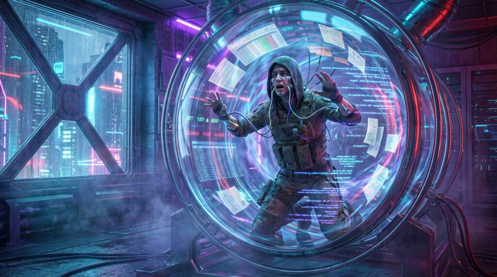 A stressed man wired to a machine, trapped inside a futuristic glass tube swirling with holographic data and documents.