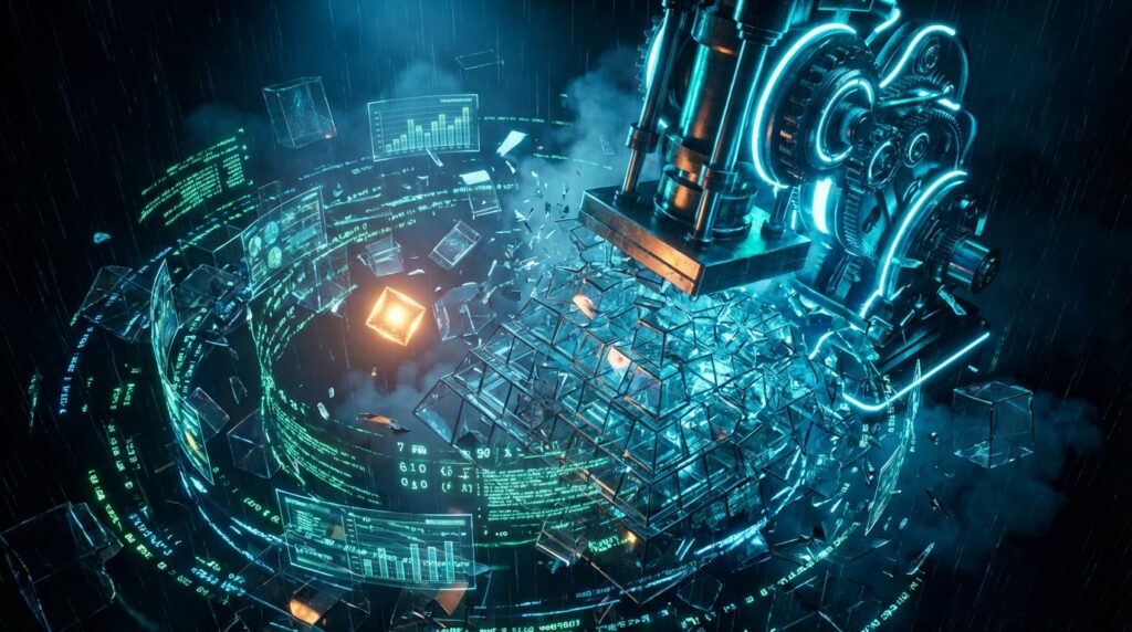 A heavy mechanical press crushes a glowing glass pyramid surrounded by floating holographic data charts in a dark setting.