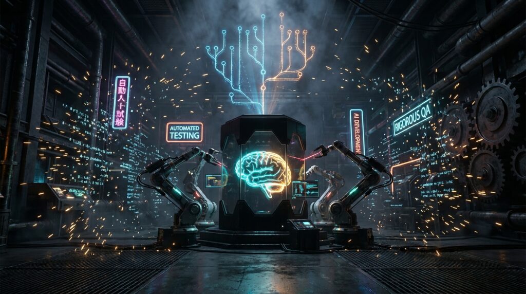 Robotic arms scan a glowing brain in a glass vat with neon signs: AUTOMATED TESTING, AI DEVELOPMENT, RIGOROUS QA.