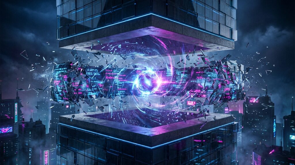 A dark futuristic building split horizontally, with glowing blue and pink digital energy shattering the middle section.