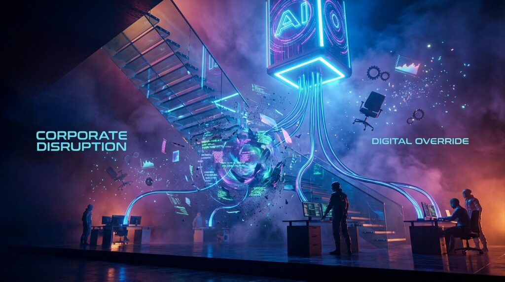 Glowing AI cube shatters an office staircase with cables. Text reads "CORPORATE DISRUPTION" and "DIGITAL OVERRIDE".