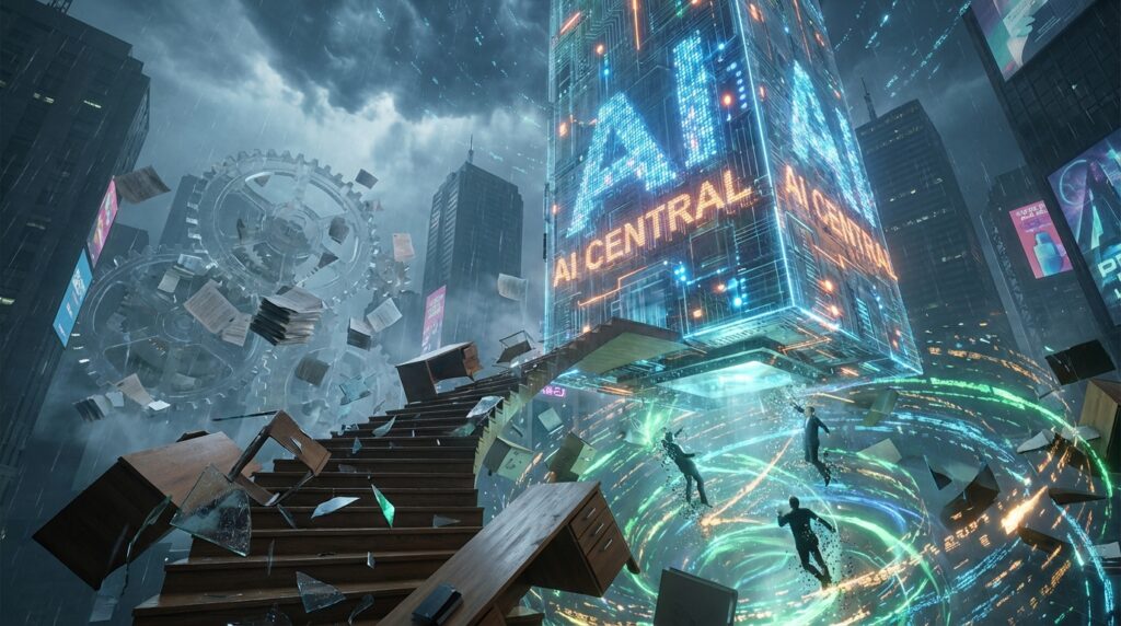 A glowing building labeled AI CENTRAL sucks falling office workers, desks, and a broken staircase into a digital vortex.