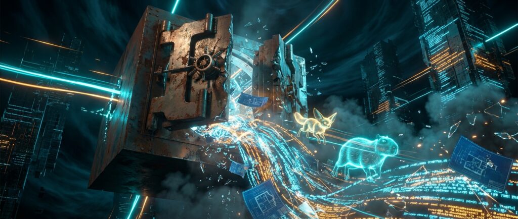 A rusty vault bursts open, leaking glowing digital streams, blueprints, a holographic fennec fox, and a capybara.