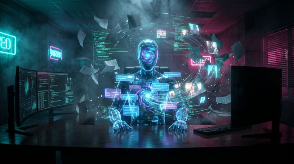Holographic AI humanoid at a desk absorbing swirling workplace documents and chat profiles into its glowing head.