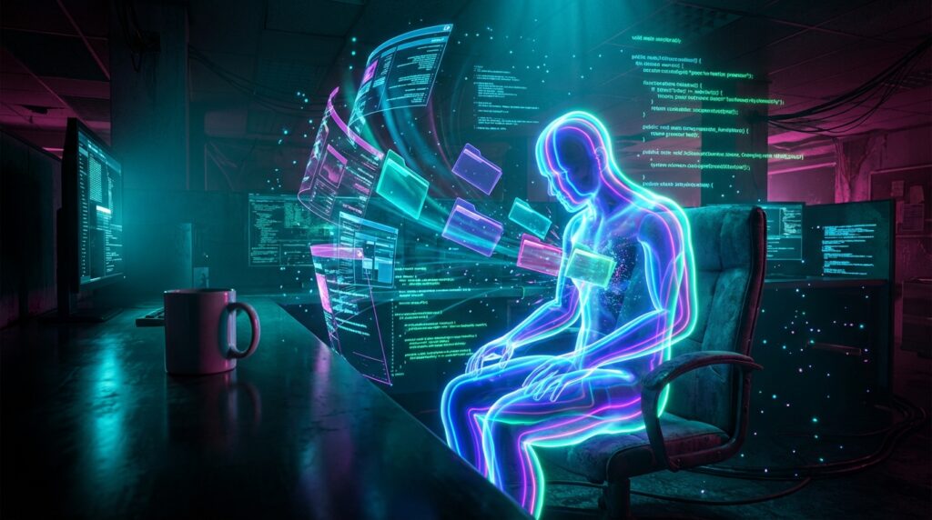 Glowing neon humanoid hologram sitting at a computer desk surrounded by floating cyan and purple digital screens and code.