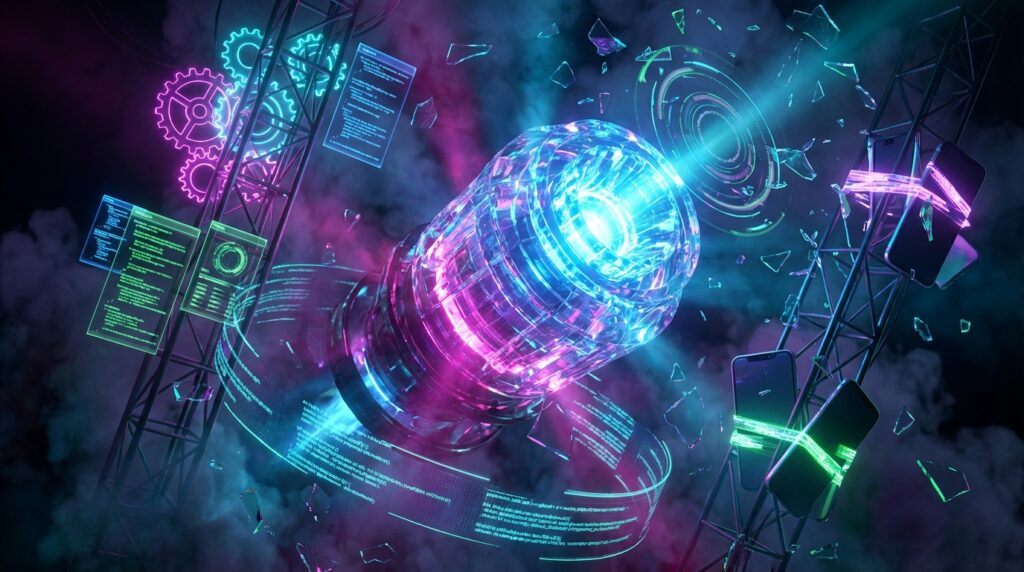 A glowing neon tech core floats amidst code screens, gears, and smartphones strapped to a metal tower with glowing tape.