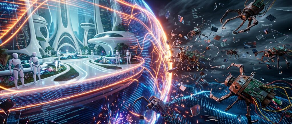Glowing dome protects a pristine sci-fi city, blocking rusty spider-bots and shattered code in a dark storm outside.