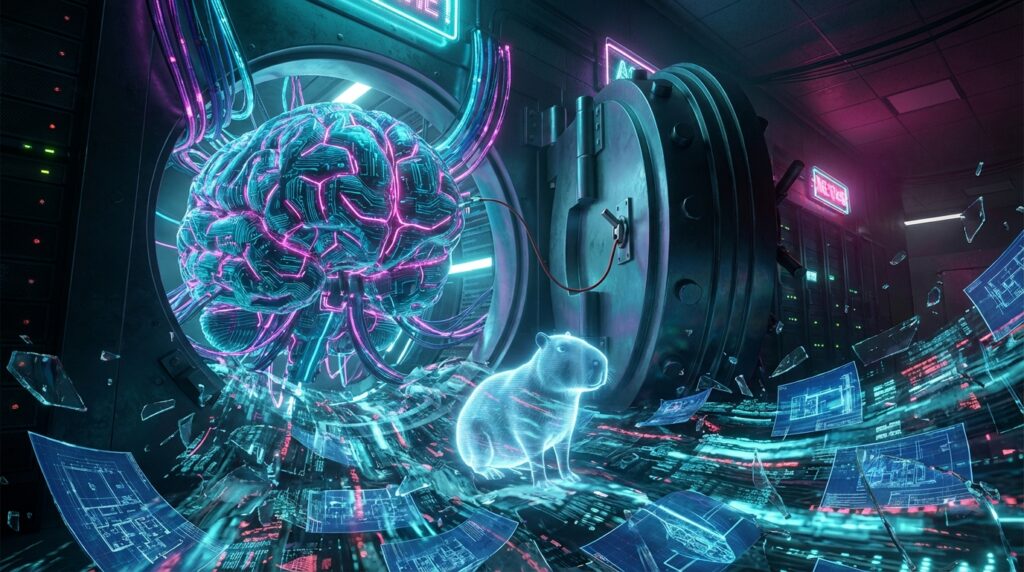 A glowing mechanical brain escapes a heavy vault door next to a holographic capybara amidst scattered glowing blue blueprints.