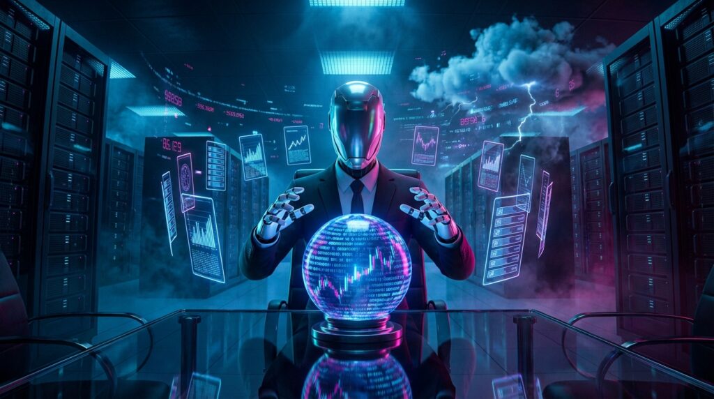A robot in a suit sits in a dark server room, gazing into a glowing digital crystal ball displaying financial charts.
