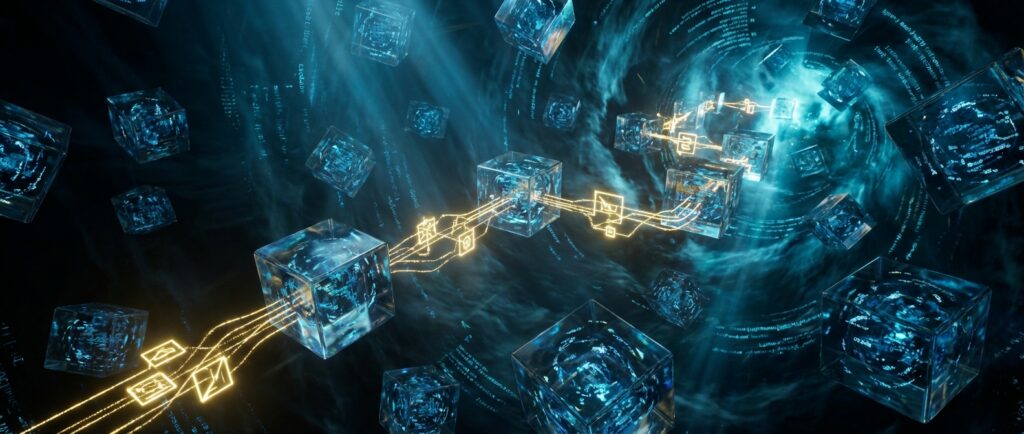 3D visualization of glowing blue data cubes connected by bright golden pathways in a dark digital space.
