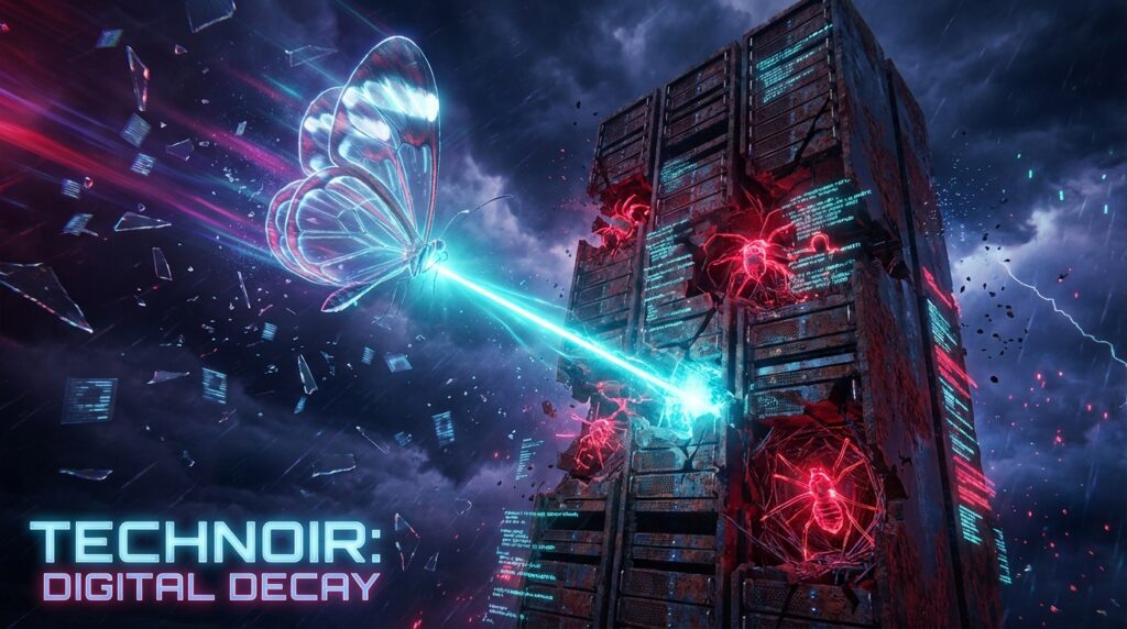 Glowing glasswing butterfly shooting a beam at red bugs in a ruined server. Text reads TECHNOIR: DIGITAL DECAY.