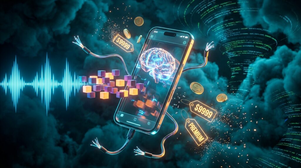 A smartphone displays a glowing AI brain processing soundwaves, while price tags reading "$9999" and "PREMIUM" fall away.