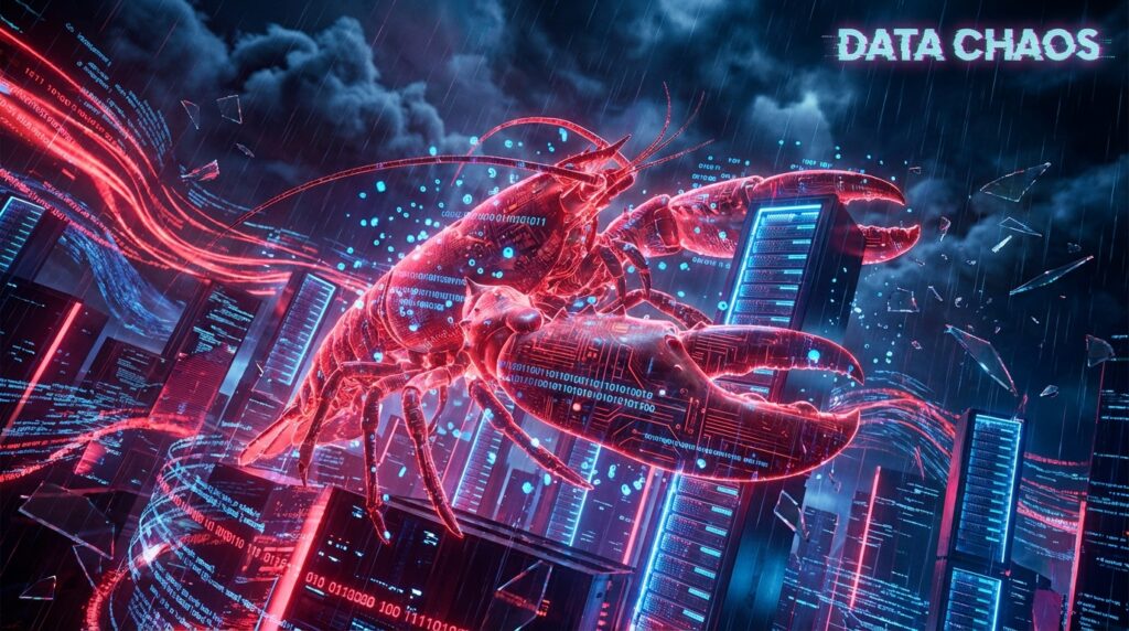 A glowing red cybernetic lobster made of binary code hovers over a neon cityscape. Text reads DATA CHAOS.