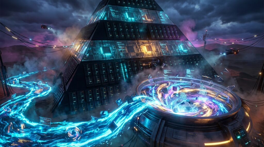 A cyberpunk black pyramid functioning as a data center stands beside a glowing blue river of digital code under a stormy sky.