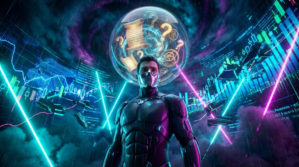 A masked futuristic man stands before falling neon stock charts. A bubble over his head holds a scroll and question marks.
